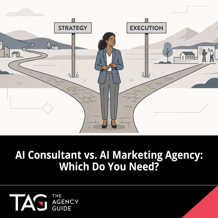 Illustrated image of a woman at the crossroads of choosing strategy vs. execution